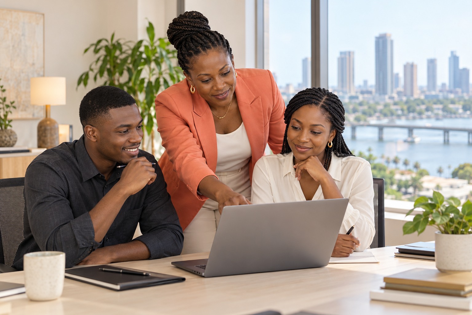 Une équipe ivoirienne examine des retours clients ensemble sur ordinateur